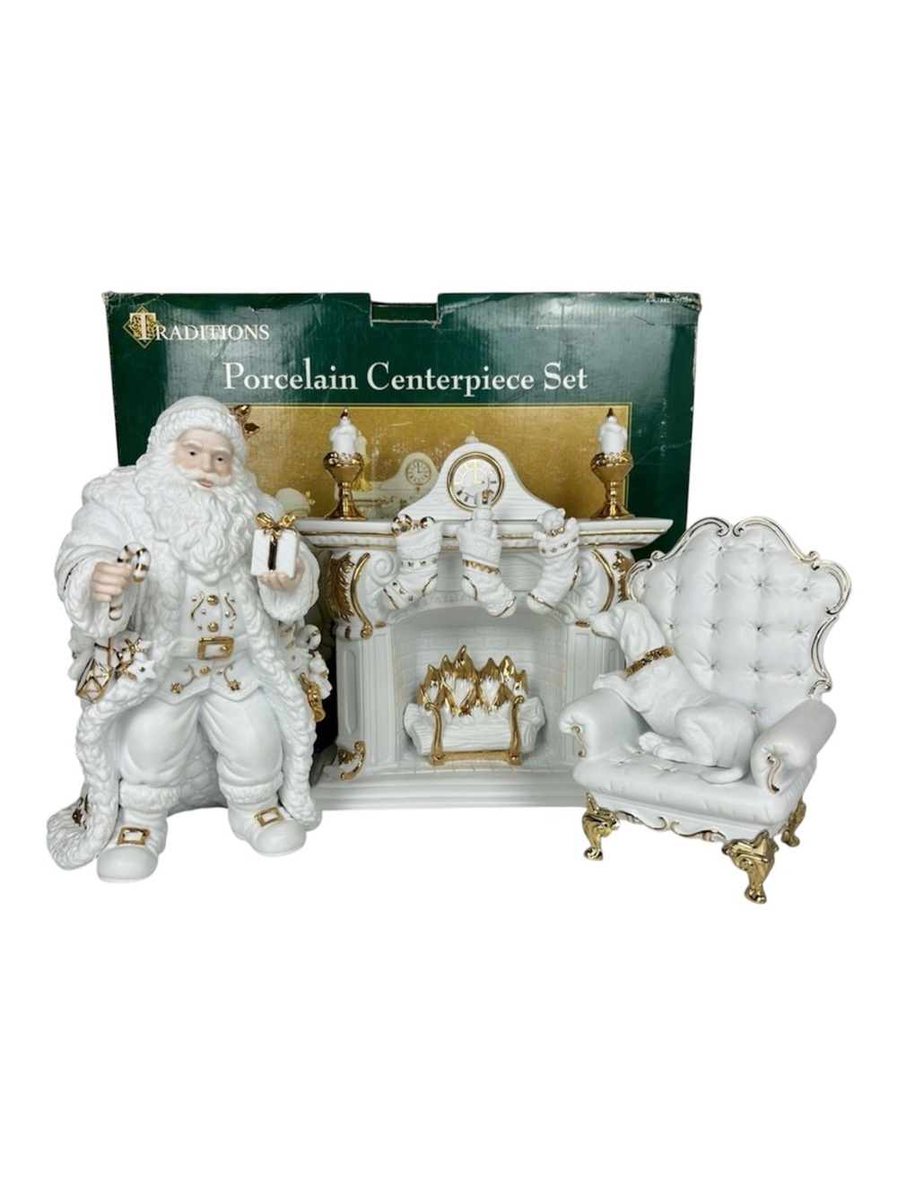 Vtg. Traditions Porcelain Centerpiece Set - White & Gold Santa Fireplace Chair